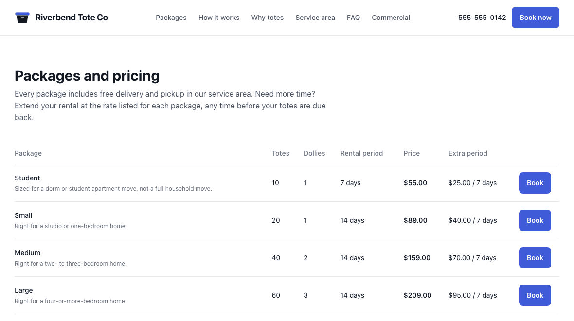 A tote rental booking site built on ToteRentOS, showing packages, tote counts, rental periods, prices, extension rates and a book button on every row.